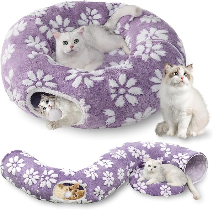Cat Tunnel for Indoor Cats, Cute Peekaboo Cat Cave with Dangling Balls, Pet Donut Tunnel Bed with Circle Mat for Puppy Kitten Rabbit, Purple-Mewly Pet