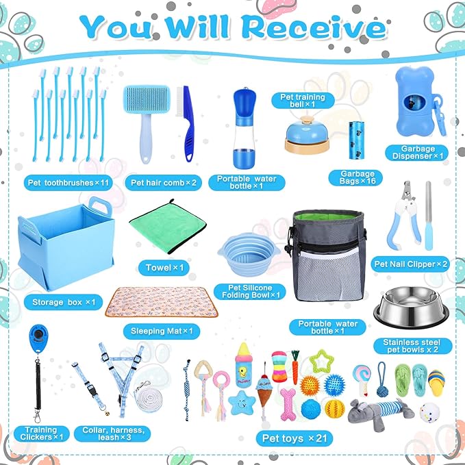 65 Pcs Puppy Supplies Starter Kit Small Dog Essentials Includes Dog Leash, Toys, Bowl, Brushes, Water Bottles, pet Blankets Puppy Accessories for New Welcome Gift Supplies(Cool,Blue)-Mewly Pet