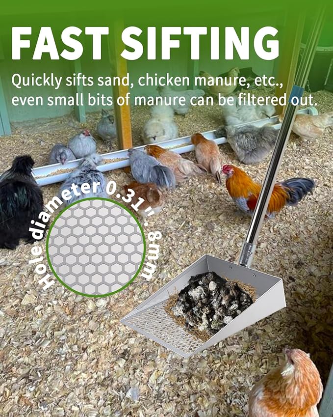 Large Chicken Poop Scooper, Chicken Coop Accessories,Metal Litter Scooper for Chicken,Chicken Coop Cleaning Tools,Heavy Duty Poop Shovel,Chicken Coop Must Haves(Silver)-Mewly Pet