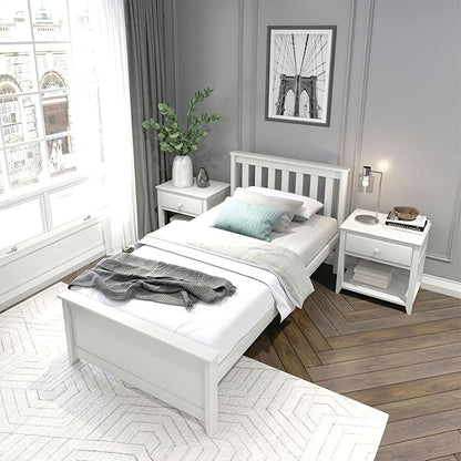 Plank+Beam Solid Wood Twin Bed Frame, Platform Bed with Headboard, White