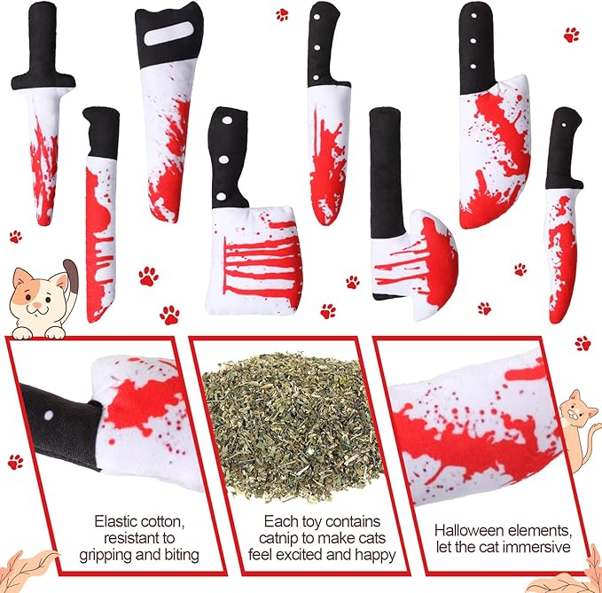 Honoson 8 Pcs Knife Cat Chew Toys Catnip Toys Interactive Stuffed Kitten Chew Toys Teething Resistant for Christmas Halloween Indoor Kitten Cats Boredom Relief Teeth Cleaning(Knife Pattern)-Mewly Pet