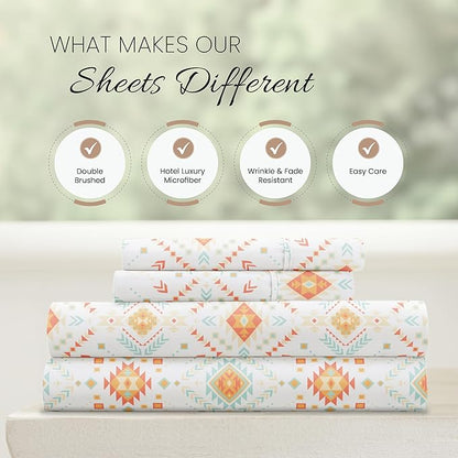 Linen Market Patterned Microfiber King Sheet Set 4 Piece – Oeko-TEX Certified Ultra Soft & Wrinkle-Free - 16" Deep Pocket Sheets - Easy Care King Size - Aztec Dreams Coral