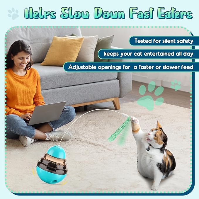 Tumbler Cat Toys for Indoor Bored Cats,Fun Wand Toy and Feather Toys Slow Feeder with Flash Ball,Cat Toys for Indoor Cats to Loss Weight and Exercise Feeding Pet Supplies Birthday Gift (Blue)-Mewly Pet