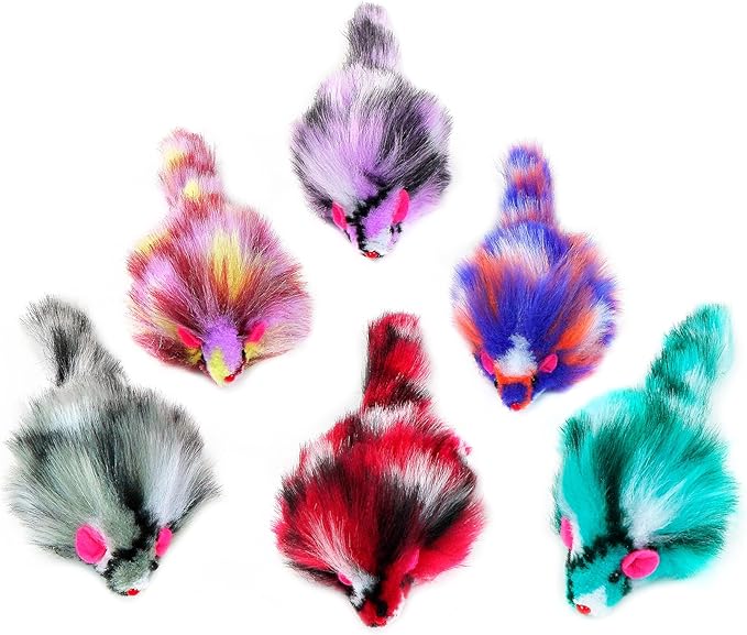 CHIWAVA 6PCS 3.1" Long Haired Furry Mice with Rattle Gradient Color Small Cat Toy Mouse Kitten Interactive Toy-Mewly Pet