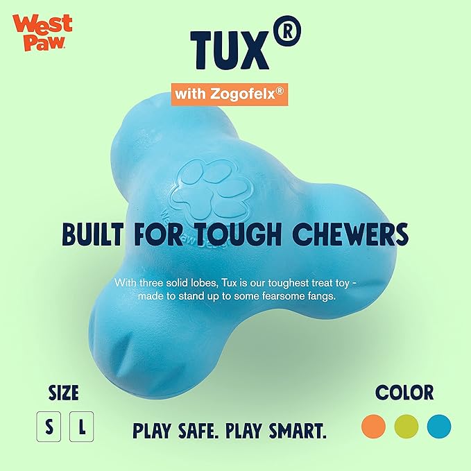 WEST PAW Zogoflex Tux Treat Dispensing Dog Chew Toy – Interactive Chewing Toy for Dogs – Dog Games for Aggressive Chewers, Fetch, Catch – Holds Kibble, Treats, Small 4", Aqua Blue-Mewly Pet