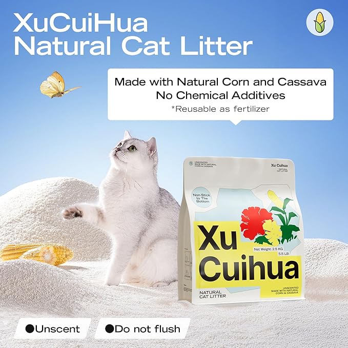 Natural Cat Litter Unscented, 100% Plant-Based, Strong Clumping Litter, Easy Scooping, Clumps Lift Cleanly, Low Dust, Corn & Cassava Litter, 5.5 LB-Mewly Pet