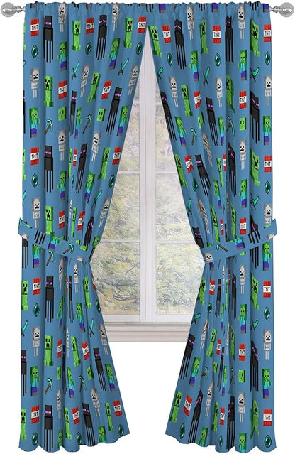 Jay Franco Kids Window Drapes - 4 Piece Curtain Set Includes 2 Tiebacks, Beautiful Bedding Room Décor and Easy Set Up, Blue - Minecraft, 84 Inch