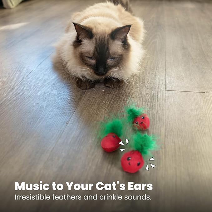 Catstages Strawbabies 3-Pack Catnip Cat Toys for Dental Health, Feather & Crinkle Teething Toys for Kittens and Indoor Cats, Interactive Play, Pink-Mewly Pet