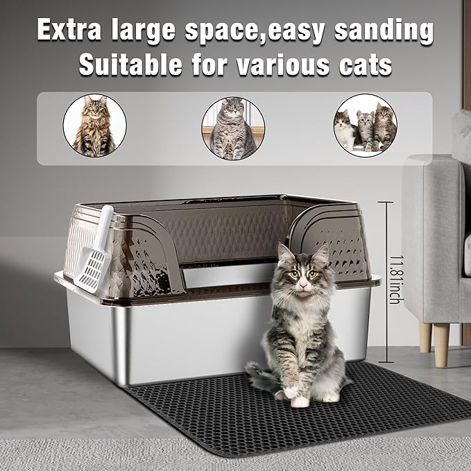 Suhaco Extra Large Stainless Steel Litter Box with Lid XXL High Sided Cat Litter Boxes Included Litter Mat & Litter Scoop Anti-Urine Leakage Metal Pet Toilet for Big Cats (Black XXL)-Mewly Pet