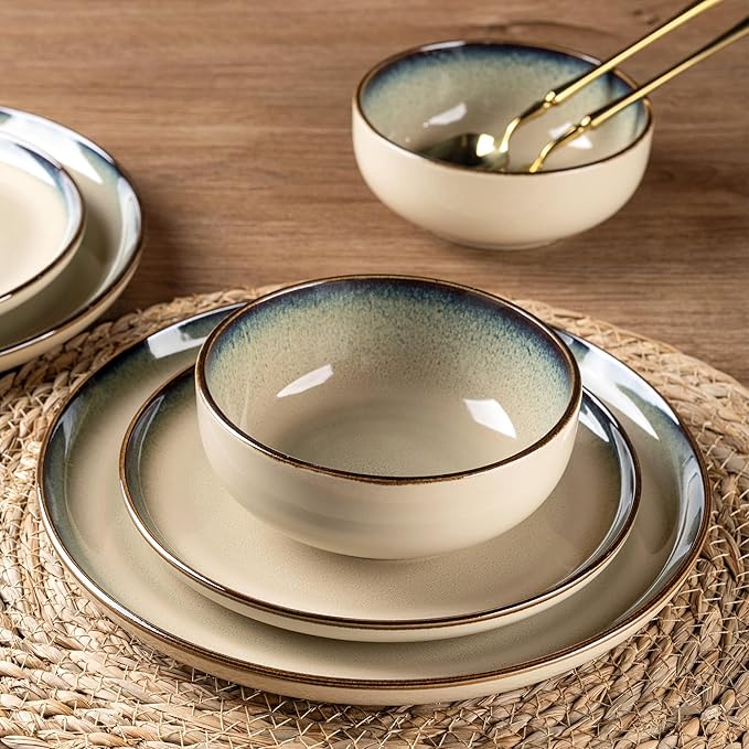 GBHOME Ceramic Dinnerware Sets for 4, 12 Pieces Stoneware Plates and Bowls Sets, Scratch Resistant Dishes, Dishwasher & Microwave Safe, Reactive Glaze-Gravel-Mewly Pet