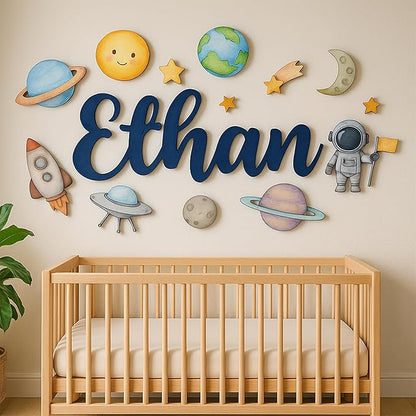 Custom Nursery Name Sign with Themed Decor Kit | Personalized Wooden Wall Art for Baby, Kids Room | Space, Jungle, Circus, Under the Sea, Woodland, Rainbow (50", Space)