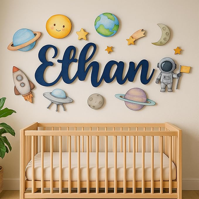 Custom Nursery Name Sign with Themed Decor Kit | Personalized Wooden Wall Art for Baby, Kids Room | Space, Jungle, Circus, Under the Sea, Woodland, Rainbow (10", Space)