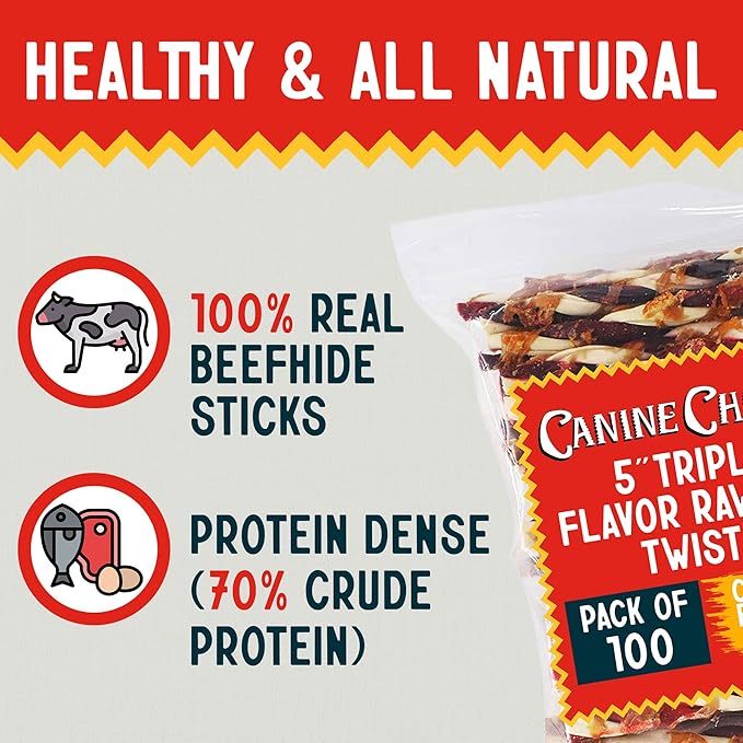 Canine Chews 5" Triple Flavor Rawhide Stick Twists for Small Dogs Dog Treat Dental Stick Chicken, Pork, Beef Flavor Chew Toy (100 Pack)-Mewly Pet