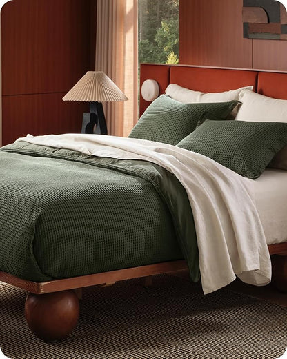 Bedsure Cotton Duvet Cover Set - 100% Cotton Waffle Weave Olive Green Duvet Cover California King Size, GentleSoft™ and Breathable Cal King Bedding Set for All Season, 3 Pieces, 104"x98"