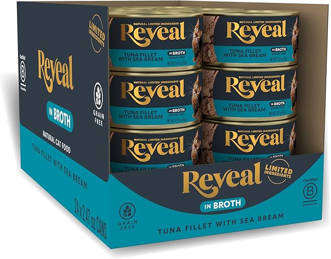 Reveal Natural Wet Cat Food, 24 Count, Grain Free, Limited Ingredient Canned Food for Cats, Tuna with Sea Bream in Broth, 2.47 oz Cans-Mewly Pet