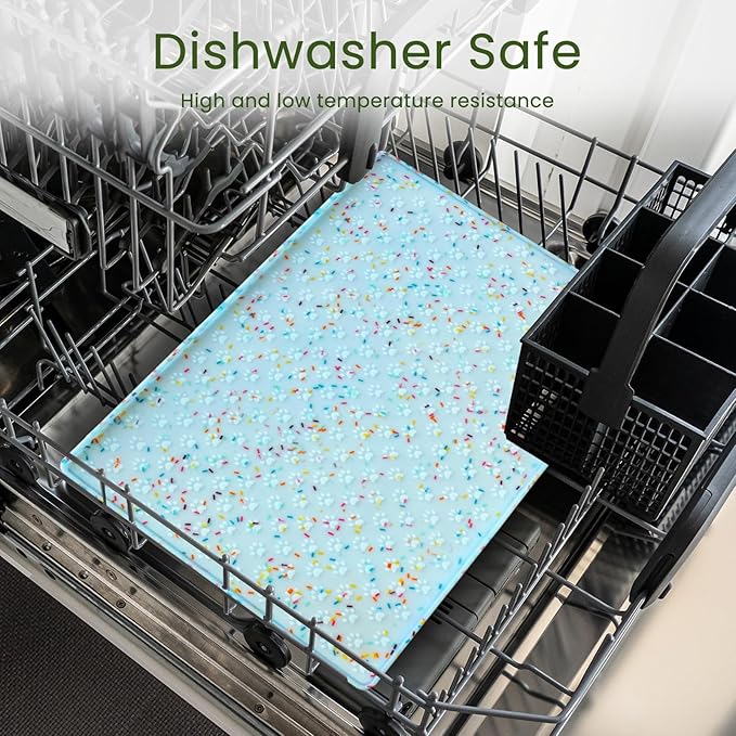 Ptlom Dog Food Mat Anti-Slip Dog Bowl Mats for Food and Water, Waterproof Pet Placemat Prevents Messy Spill to Floor, Silicone Puppy Feeding Tray for Small, Medium and Large Dogs Cats, Blue-Mewly Pet