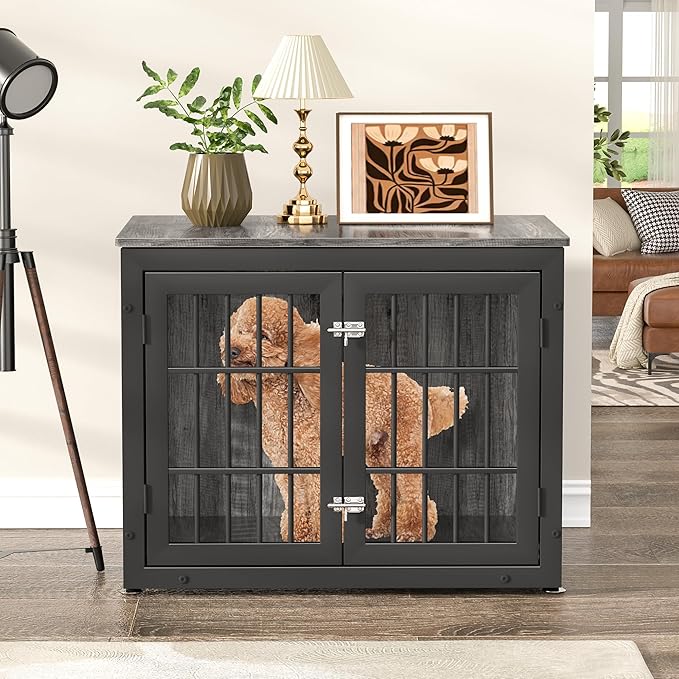 32" Heavy Duty Dog Crate Furniture for Small and Medium Dogs, Metal Kennel for High Anxiety Dogs, Chew Proof Pet Cage Indoor, Decorative Dog Kennel End Table-Mewly Pet
