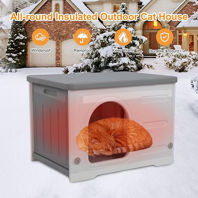 Rockever Plastic Outdoor Indoor Cat House with Insulated Liner, 100% Insulated Feral Cat House for Winter, Waterproof Cat Houses for Outdoor Cats, Spacious, Assemble Easily-Grey-Mewly Pet