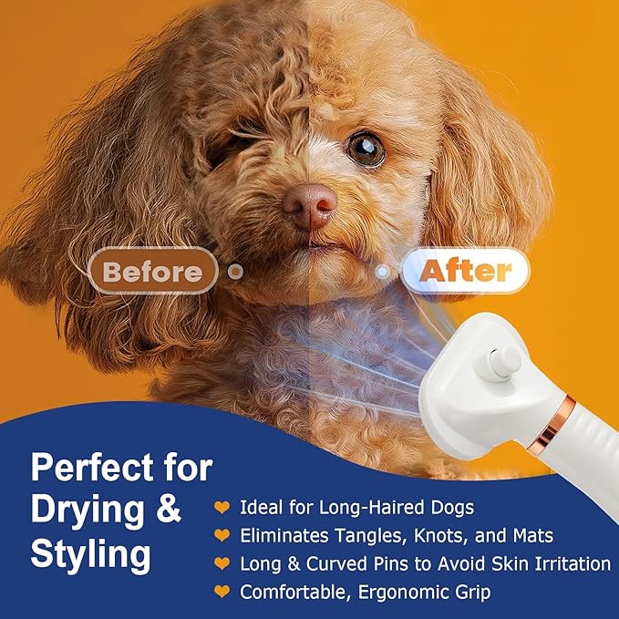 3-in-1 Pet Hair Dryer Brush for Dogs & Cats Portable, Dog Hair Blower & Slicker Brush Adjustable Temp (Low/Middle/High), Overheat Protection-Mewly Pet
