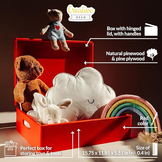 XL Red Wooden Box Storage with Hinged Lid | 15.8 x 11.8 x 5.5 inches (+-0.5) | with Handles | Gift Box Storage Document | Product NOT Intended for 15 Years OR Below