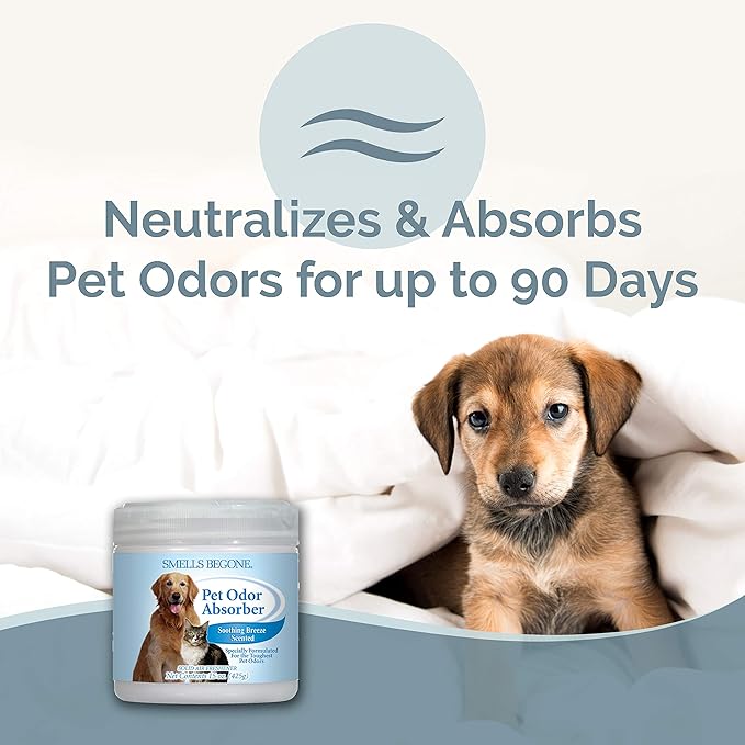 SMELLS BEGONE Air Freshener Pet Odor Absorber Gel - 15 oz, Pack of 2 - Absorbs and Eliminates Odor in Pet Areas, Bathrooms, Cars, & Boats - Made with Essential Oils - Soothing Breeze Scent-Mewly Pet
