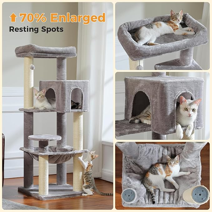 Large Cat Tree with Reinforced Scratching Posts (φ3.1in) for Big Adult Cats 30 lbs, 57.8" Heavy Duty Cat Tower with Larger Hammock and Condo, Cat Furniture for Maine Coon, Plush,Grey-Mewly Pet