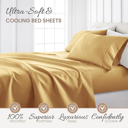 Linen Market Brushed Microfiber Twin Sheet Set 3 Piece – Oeko-TEX Certified Ultra Soft & Wrinkle-Free - 16" Deep Pocket Sheets - Easy Care Twin Size - Gold