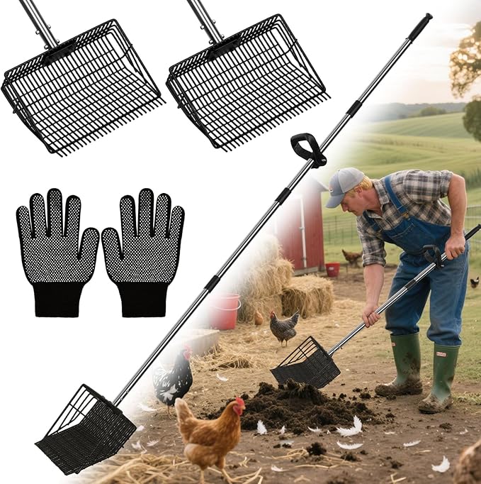 2 in 1 Chicken Poop Scooper Rake , 2 Rakes and 4 Sections Adjustable Stainless Steel Handle 37.4 - 68.9 Inch, Litter Scoop Chicken Coop Scoop for Animal Farm and Poultry Habitats with Gloves-Mewly Pet