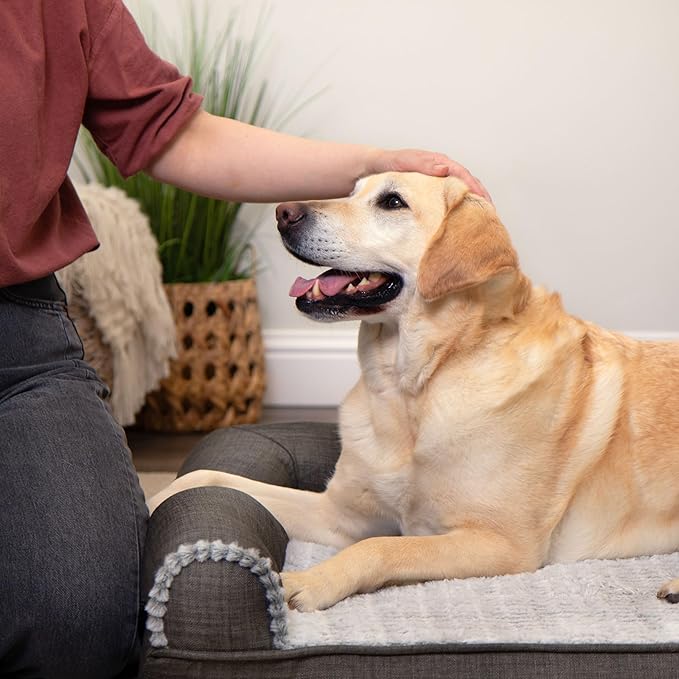 Furhaven Orthopedic Dog Bed for Large/Medium Dogs w/ Removable Bolsters & Washable Cover, For Dogs Up to 55 lbs - Luxe Faux Fur & Performance Linen Sofa - Charcoal, Large-Mewly Pet