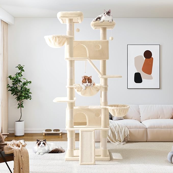 Allewie 81 Inches Tall Cat Tree/Multi-Level Large Climbing Tree House and Towers for Big Feline/Condo and Hammock/Scratching Post/Wide Base/Beige-Mewly Pet