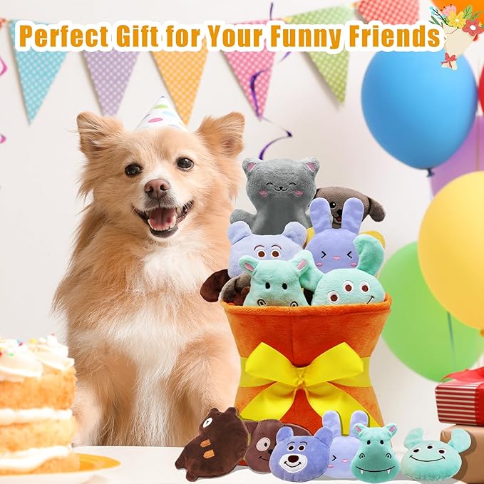 Squeaky Dog Toys, 11 Pcs Interactive Dog Plush Toy Collection in Flower Bouquet Packaging,10 Adorable Animal Plushies for Endless Play & Training-Mewly Pet