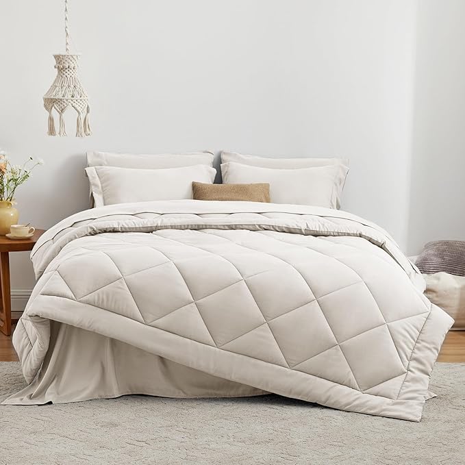 Love's cabin Full Comforter Set Off White, 7 Pieces Full Bed in a Bag, All Season Bedding Sets with 1 Comforter, 1 Flat Sheet, 1 Fitted Sheet, 2 Pillowcase and 2 Pillow Sham