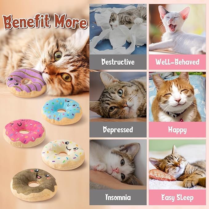L1rabe Fall Donut Catnip Stuffed Toys - 5Pcs Funny Dessert Cat Toys Black Cat Appreciation Day Pet Supplies, Indoor Cats Chew Bite Teething Tools Kittens Catmint Birthday Gifts Interactive Supplies-Mewly Pet