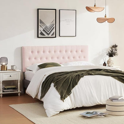 Tufted Upholstered Headboard Queen Size, Solid Wood Head Board with Durable Metal Legs, Adjustable Height Bed headboard from 37” to 51” Fabric Headboard in Modern Button Design, Pink