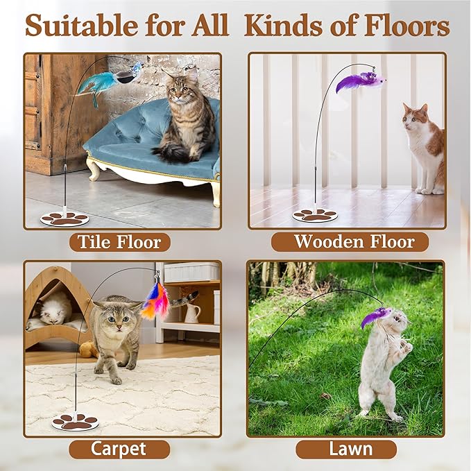 Interactive Cat Toy for Indoor, Includes Metal Base, Suction Cup Cat Base, Cat Wand,Bird Simulation Toys and Feather Toy, Set of 7 PCS-Mewly Pet