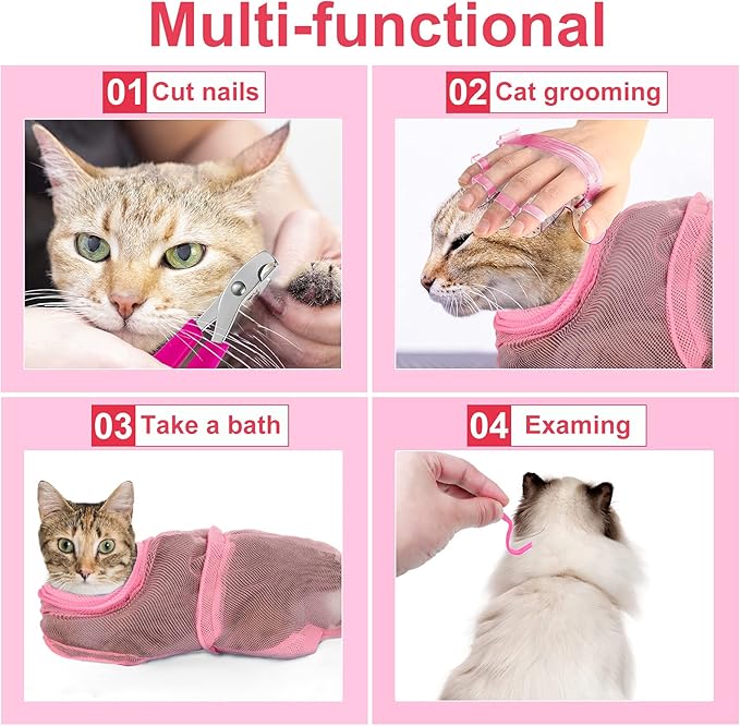 Patelai 5 Pcs Cat Bathing Bag Set Cat Grooming Bag Adjustable Pet Shower Net Muzzles Nail Clipper Tick Remover Tool Massage Brush(Pink)-Mewly Pet