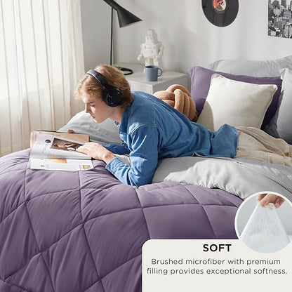 Bedsure Queen Comforter Set - 7 Pieces Reversible Grayish Purple Bedding, Queen Size Bed Set for All Seasons, Bed in a Bag with Down Alternative Comforter, Sheets, Pillowcases & Shams