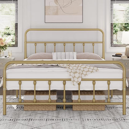 Yaheetech Classic Metal Platform Bed Frame Mattress Foundation with Victorian Style Iron-Art Headboard/Footboard/Under Bed Storage/No Box Spring Needed/Queen Size Antique Gold