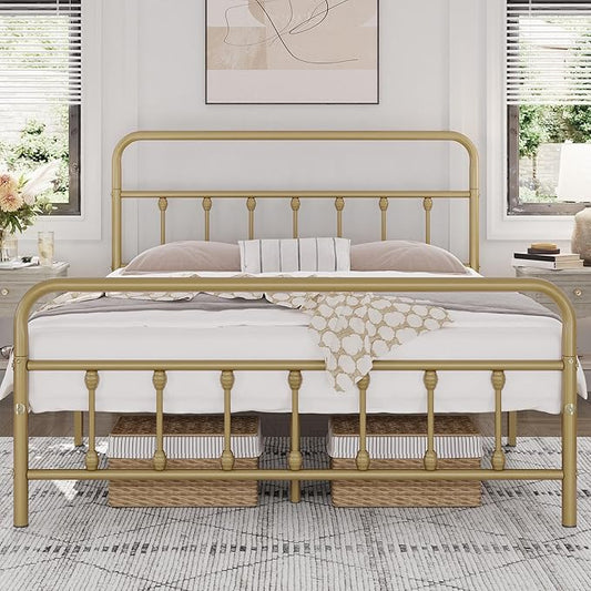 Yaheetech Classic Metal Platform Bed Frame Mattress Foundation with Victorian Style Iron-Art Headboard/Footboard/Under Bed Storage/No Box Spring Needed/Queen Size Antique Gold