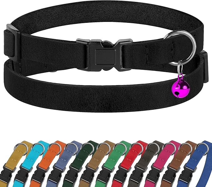 Breakaway Cat Collar Leather with Removable Bell - 13 Colors Available - Soft Adjustable Girl Boy Safety Lightweight Pet Kitten Collars Pink Brown Blue Green Red Orange Black (Black)-Mewly Pet