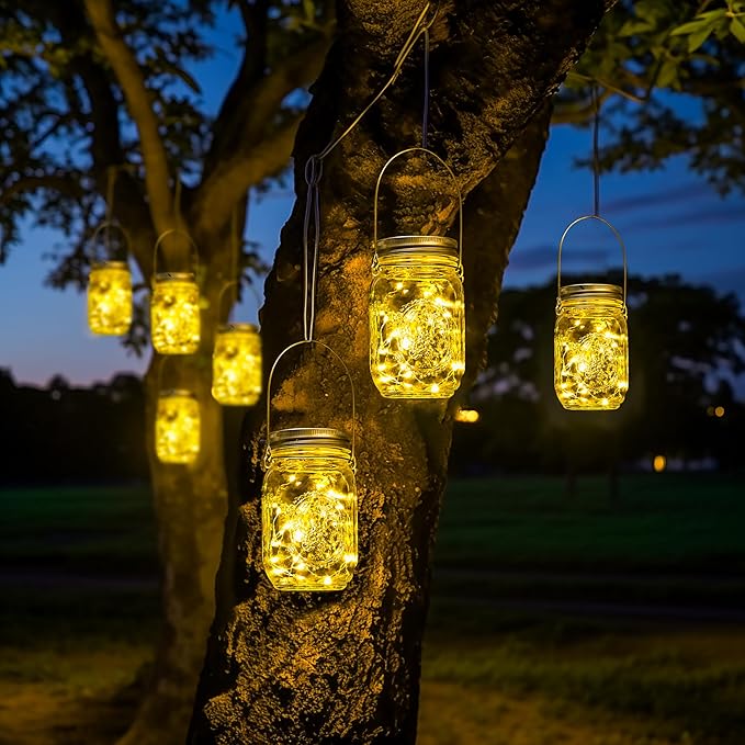 GIGALUMI Solar Mason Jar Lights, 8 Pack 30 Led String Fairy Lights Garden Lights Outdoor Waterproof Metal Lid Hanging Solar Lanterns for Outdoor, Garden, Patio, Lawn, Balcony Decoration