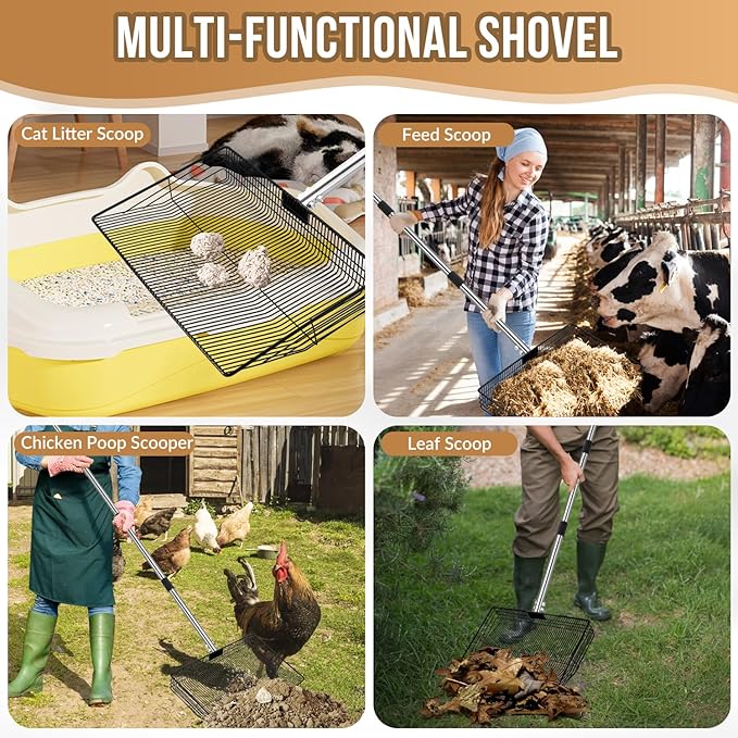 SlowTon 15-inch Large Chicken Poop Scooper - 5 in 1 Multifunctional Chicken Litter Scoop with 40 to 77in Stainless Steel Handle, Heavy Duty Chicken Coop Cleaning Tool Litter Sifting Shovel-Mewly Pet