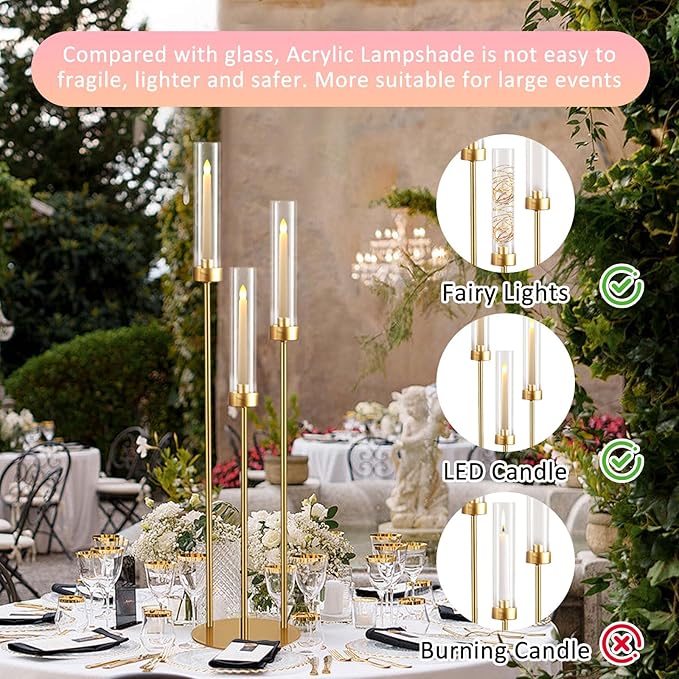 Vincidern 20pcs Gold Candelabra with Acrylic Lampshade, 3 Arm Taper Candle Holder, 33.8 in Tall Metal Candlestick for Table Centerpieces, Halloween, Christmas, Wedding Decor
