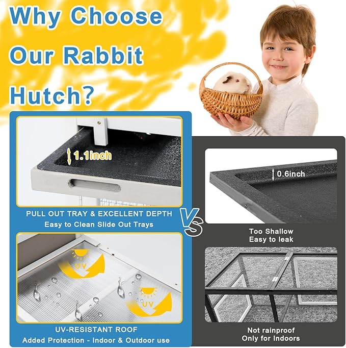 48" L Rabbit Hutch Outdoor Indoor Bunny Hutch Weatherproof, 2-Story Wood Rabbit Cage with Deep Tray, Chew-Resistant Ramp, UV Roof, Bunny House for Small Animal, Expandable Guinea Pig Cage-Mewly Pet