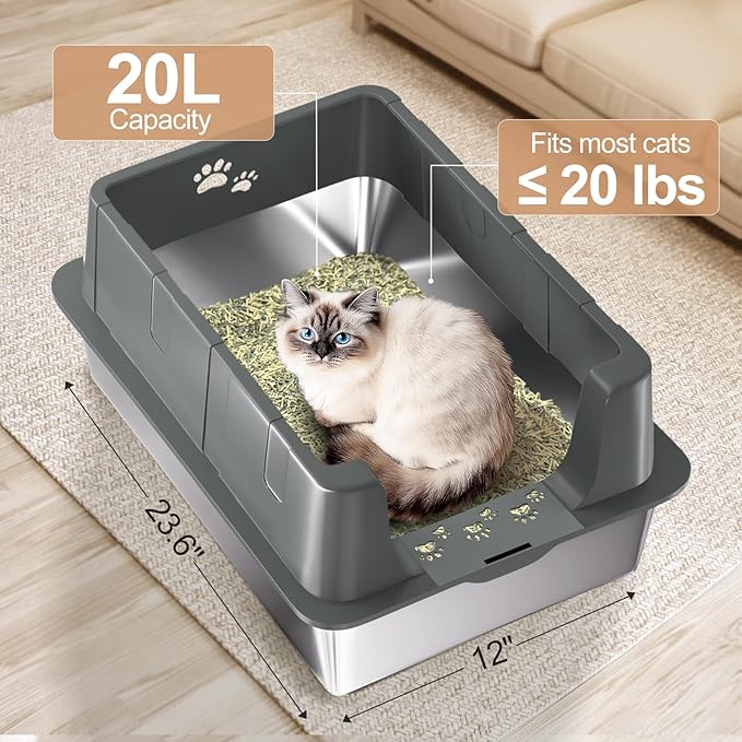 Sousia Stainless Steel Litter Box, Non-Sticky Anti-Leakage Easy Cleaning Metal Cat Litter Tray with Lid, High Wall Sides Enclosure and Scoop, Ideal for Big Cats, XL (Grey)-Mewly Pet