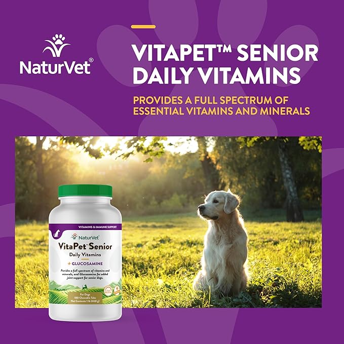 NaturVet VitaPet Senior Daily Vitamins Plus Glucosamine, Dog Multivitamin Supplement, Chewable Tablets, Time Release, Made in The USA with Globally Source Ingredients 180 Count-Mewly Pet