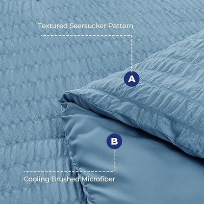 HYMOKEGE Mineral Blue Queen Comforter Set Seersucker 7 Pieces, All Season Luxury Bed in a Bag Queen for Bedroom, Bedding Set with Comforter, Sheets, Pillowcases & Shams
