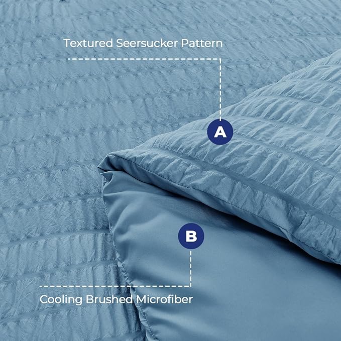 HYMOKEGE Mineral Blue Full Size Comforter Sets Seersucker 7 Pieces, All Season Luxury Bed in a Bag for Bedroom, Bedding Set with Comforter, Sheets, Pillowcases & Shams