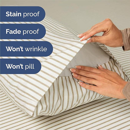 King Sheets Set 6 Piece - Includes 4 Pillowcases - Bed Sheets King Size - Soft Hotel Luxury Bedding - Cooling, Comfy & Breathable - 1 Flat & 1 Fitted & 4 Pillowcases w/ Deep Pockets - Beige Stripes