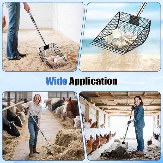 CAROD Chicken Poop Scooper & Rake 2-in-1, Metal Chicken Coop Scoop for Poop with 24 to 68" Adjustable Stainless Steel Handle, Litter Scooper Sand Sifting Shovel Chicken Coops/Animals House-Mewly Pet